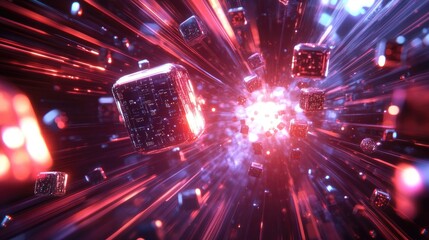 Poster - A conceptual 3D image of AI data cubes and spheres floating in a digital space, interconnected by light beams, illustrating the power of modern AI systems