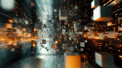 Poster - A conceptual 3D scene with flying connected cubes in a digital space, illustrating AI technology and the flow of data through neural networks