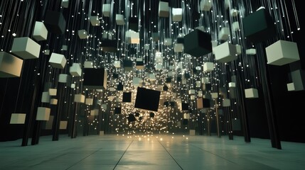 Poster - A conceptual 3D scene with flying connected cubes in a digital space, illustrating AI technology and the flow of data through neural networks