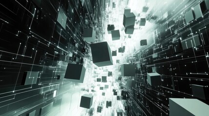 Poster - A conceptual 3D scene with flying connected cubes in a digital space, illustrating AI technology and the flow of data through neural networks