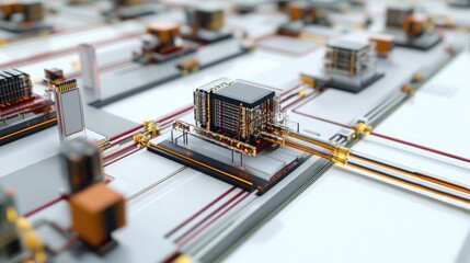 Poster - A detailed 3D illustration of connected microchips with a complex circuit diagram, showcasing the technology and innovation of modern electronics