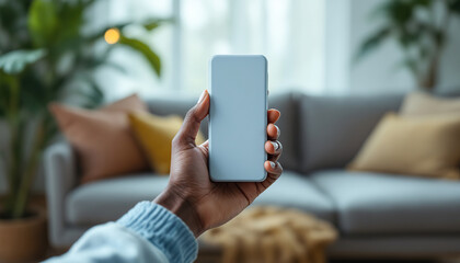 Leinwandbilder - A person displays a blank smartphone screen in a home setting