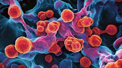 Poster - A detailed view of virus cells under a microscope, labeled as 