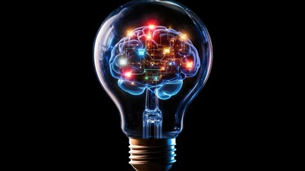 Poster - A digital concept of a brain inside a light bulb, with illuminated AI circuits and data, representing the fusion of technology and intelligence in the modern world