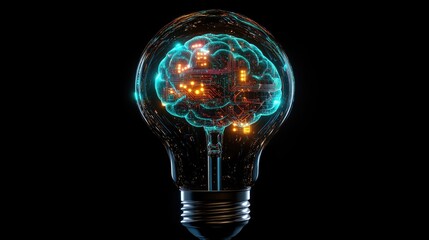 Poster - A digital concept of a brain inside a light bulb, with illuminated AI circuits and data, representing the fusion of technology and intelligence in the modern world