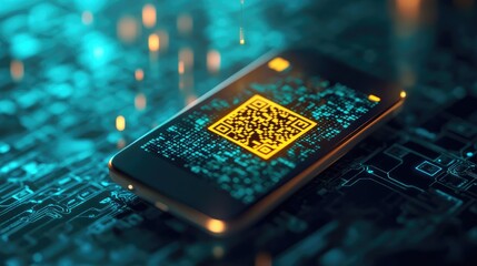 Poster - A digital concept of a smartphone with a yellow QR code icon, representing the next generation of payment systems and global communication services