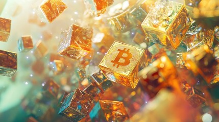 Poster - A digital rendering of Bitcoin blocks floating over a network, representing the complex and innovative technology of cryptocurrency and blockchain