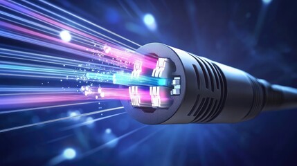 Poster - A digital rendering of fiber optic cables with fast-moving light signals, symbolizing the transfer of data in a modern, high-speed communication network