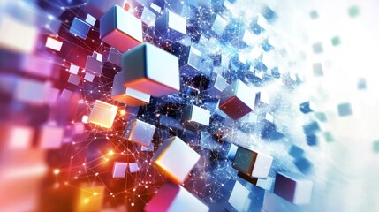 Poster - A dynamic abstract representation of floating cubes connected by data streams, showcasing artificial intelligence technology and its vast potential