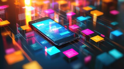 Poster - A dynamic scene of a smartphone surrounded by bright, colorful information boxes, symbolizing the fast-paced flow of modern communication and tech