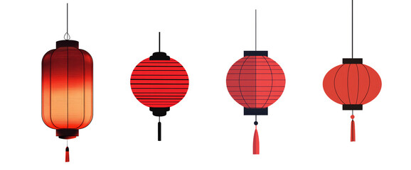 Aufkleber - An illustration shows four red Chinese lanterns of varying shapes and sizes hanging against a black background.
