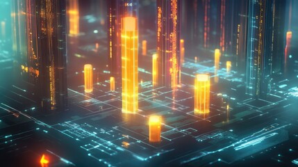 Poster - A futuristic 3D chart with glowing candle bars, surrounded by abstract data elements, illustrating a dynamic financial trading environment