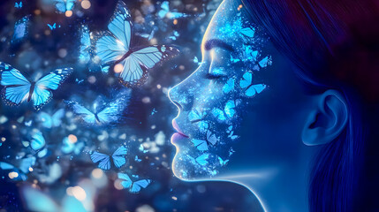 Poster - Ethereal Portrait of a Woman with Butterfly Motifs and Magical Glow on Her Face