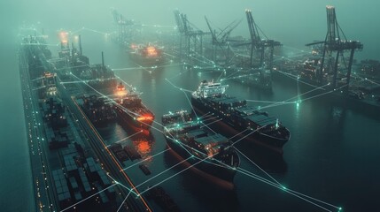 Poster - A futuristic aerial view of a port with digital lines connecting ships and cargo, illustrating the rise of smart ports and digital infrastructure in logistics