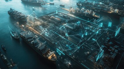 Poster - A futuristic aerial view of a port with digital lines connecting ships and cargo, illustrating the rise of smart ports and digital infrastructure in logistics