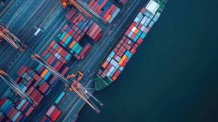Poster - A high-angle shot of a port with digital lines linking containers and ships, representing the future of connected logistics and smart supply chain systems