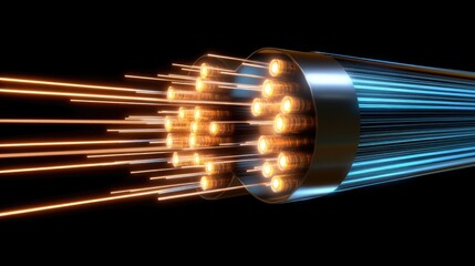 Poster - A high-tech digital composite of fiber optic cables glowing with data transmission, representing the speed and capacity of modern communication networks