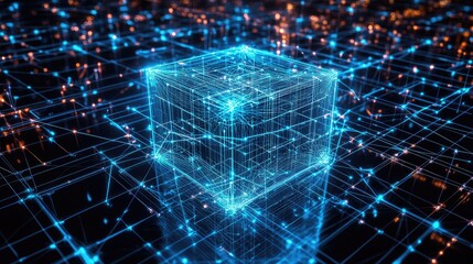 Poster - A high-tech digital cube surrounded by a glowing network of interconnected lines, symbolizing the structure and flow of data in technology