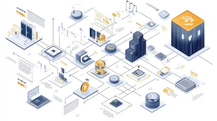 Poster - A modern infographic illustrating the key concepts and flow of blockchain technology, with flowing lines and interconnected nodes to visualize decentralized networks