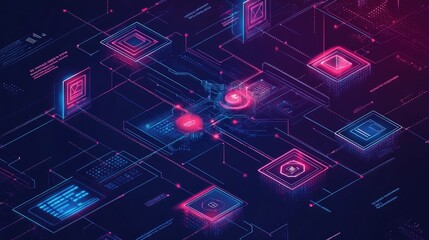 Poster - A modern infographic illustrating the key concepts and flow of blockchain technology, with flowing lines and interconnected nodes to visualize decentralized networks