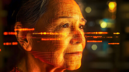 Poster - digital visualization of an elderly woman with abstract data patterns and neural technology elements