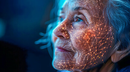Poster - Woman's Face with Digital Network Overlay Illustrating Technology and Aging Concepts in Future Perspectives
