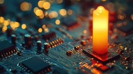Poster - A stock market candle bar chart displayed over a computer chip, symbolizing the intersection of technology and financial markets