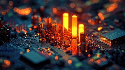 Poster - A stock market candle bar chart displayed over a computer chip, symbolizing the intersection of technology and financial markets