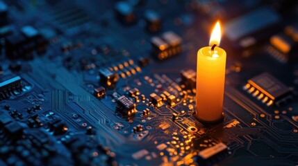 Poster - A stock market candle bar chart displayed over a computer chip, symbolizing the intersection of technology and financial markets