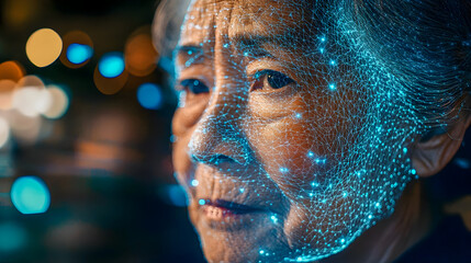 Poster - Portrait of Elderly Woman with Digital Network Overlay Symbolizing Technology and Aging in Modern Society