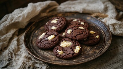 Poster - A tempting display of chocolate cookies with creamy fillings, served on a rustic plate, offering a delightful and cozy dessert setting