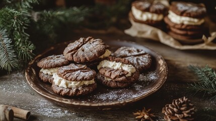 Poster - A tempting display of chocolate cookies with creamy fillings, served on a rustic plate, offering a delightful and cozy dessert setting