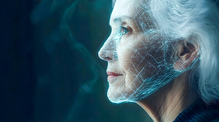 Poster - Futuristic Digital Representation of an Elderly Woman's Face with Geometric Patterns and Neon Effects