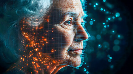Poster - Portrait of a Senior Woman with Digital Projection and Light Particles Representing Technology and Aging