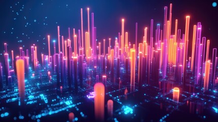Aufkleber - A vibrant 3D chart filled with glowing candles, data points, and financial trends, symbolizing the evolving world of digital trading and fintech