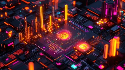 Poster - A vibrant 3D rendering of a trading chart with glowing candlesticks, digital data, and infographics, illustrating the power of fintech and big data
