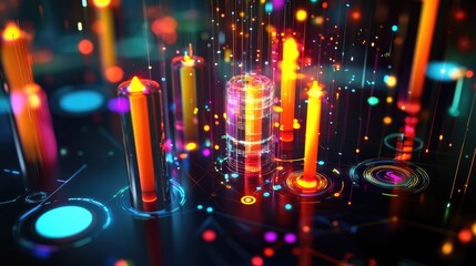 Poster - A vibrant 3D rendering of a trading chart with glowing candlesticks, digital data, and infographics, illustrating the power of fintech and big data