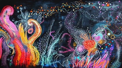 Poster - A vibrant chalkboard artwork representing the connection between nature and technology, with bold, colorful strokes blending organic and digital patterns