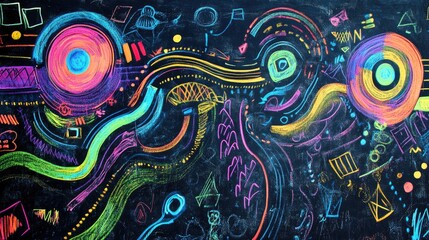Poster - A vibrant chalkboard artwork representing the connection between nature and technology, with bold, colorful strokes blending organic and digital patterns
