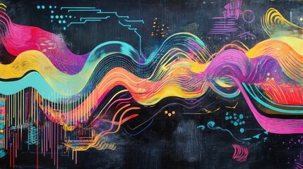 Poster - A vibrant chalkboard artwork representing the connection between nature and technology, with bold, colorful strokes blending organic and digital patterns