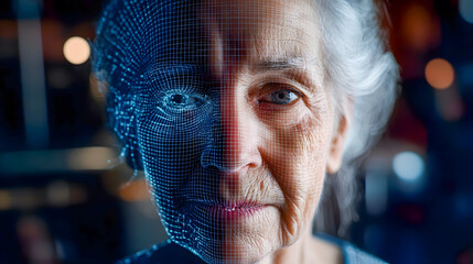 Poster - Portrait of elderly woman with digital facial overlay representing technology and aging concepts in futuristic environment