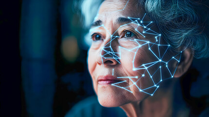 Poster - Portrait of Elderly Woman with Futuristic Digital Facial Recognition Technology Concept and Glowing Circuit Patterns