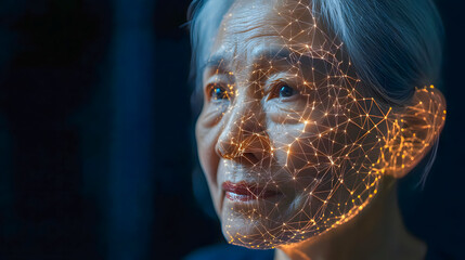 Poster - Elderly Woman Facing Light with Digital Network Visualization Representing Technology and Connectivity