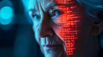 Poster - Elderly Woman with Digital Light Patterns on Face, Artistic Representation of Technology and Age, Futuristic Portrait