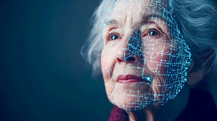 Poster - Digital Representation of an Elderly Woman with Geometric Patterns and Light Effects on Face for Futuristic Concepts