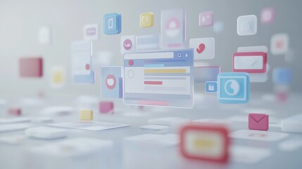 Poster - Abstract 3D concept of a search engine with floating search results and icons, representing the seamless connection of data and digital information