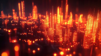 Poster - Abstract 3D visualization of a trading chart with glowing candles and complex data streams, symbolizing the cutting-edge world of fintech and data-driven finance