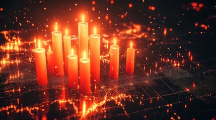 Poster - Abstract 3D visualization of a trading chart with glowing candles and complex data streams, symbolizing the cutting-edge world of fintech and data-driven finance