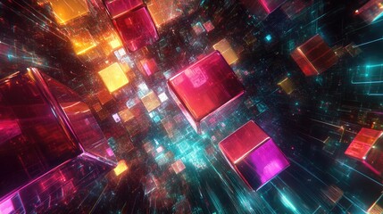 Poster - Abstract concept of AI innovation with vibrant cubes and digital data networks, symbolizing the future of cloud technology and artificial intelligence