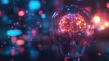 Poster - Abstract concept of AI inside a light bulb, with glowing neural networks and data streams flowing, symbolizing the power of artificial intelligence and innovation
